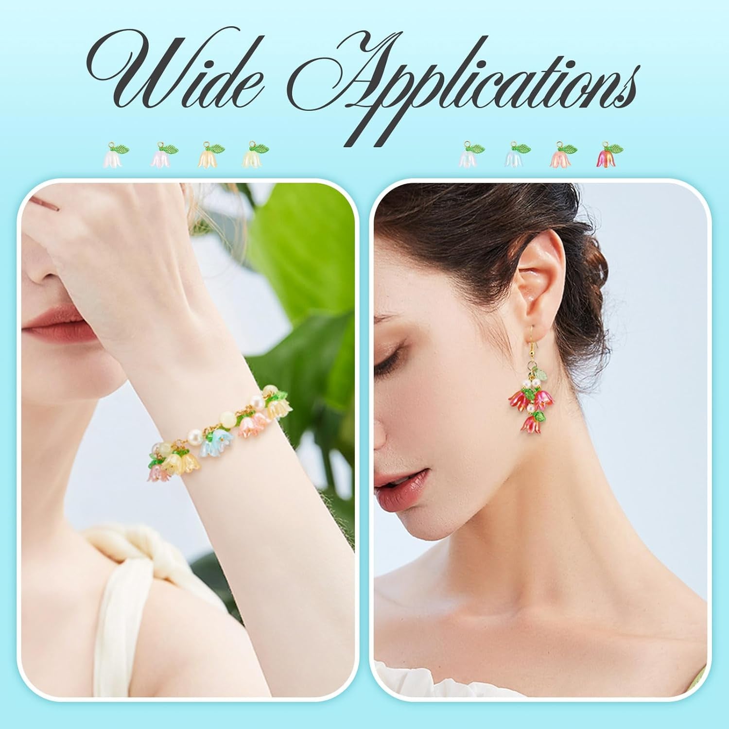 48Pcs Acrylic Flower Pendants for Jewelry Making Lily Flower Charms Colorful Plastic Lily of the Valley Flower Charms Dangle Beads with Leaf for Jewelry Making Necklace Earring DIY Crafts