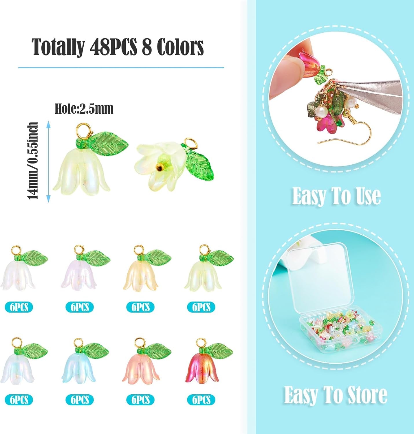 48Pcs Acrylic Flower Pendants for Jewelry Making Lily Flower Charms Colorful Plastic Lily of the Valley Flower Charms Dangle Beads with Leaf for Jewelry Making Necklace Earring DIY Crafts