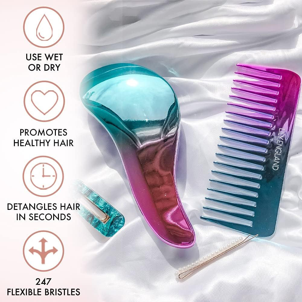 Detangler Brush & Comb Set - Lightweight Wide Tooth Detangling Tool for Women & Kids - Smooths Curly, Straight, Dry, Fine, & Thick Hair, Purple