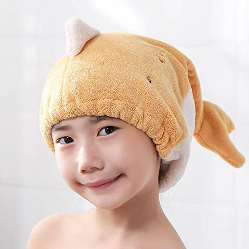 Children's Cartoon Microfiber Hair Drying Towel Set – Quick-Dry Bath Wrap and Soft Cap for Long, Curly Hair – Yellow