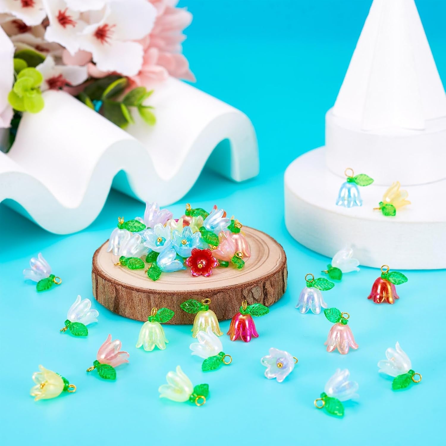 48Pcs Acrylic Flower Pendants for Jewelry Making Lily Flower Charms Colorful Plastic Lily of the Valley Flower Charms Dangle Beads with Leaf for Jewelry Making Necklace Earring DIY Crafts