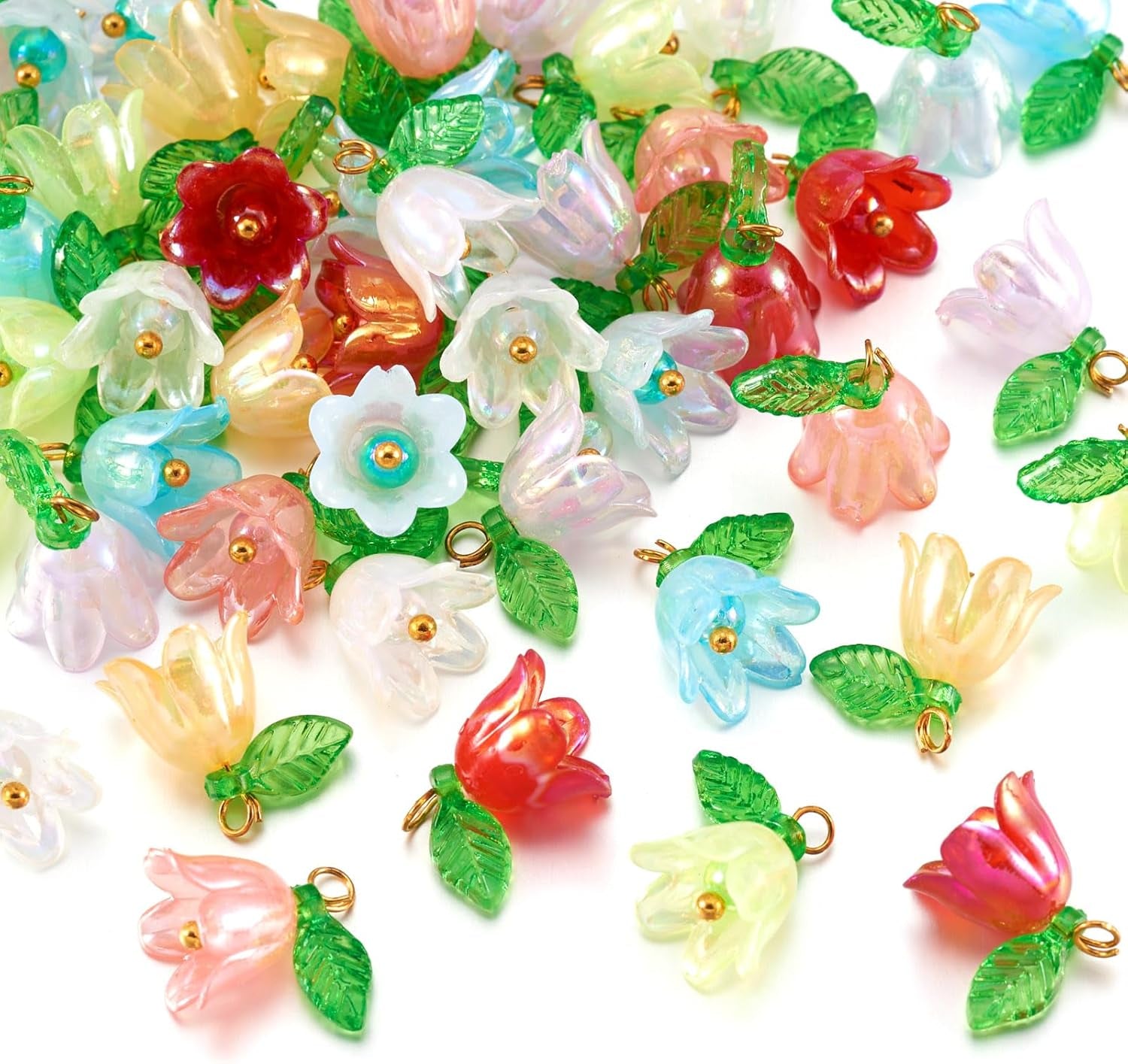 48Pcs Acrylic Flower Pendants for Jewelry Making Lily Flower Charms Colorful Plastic Lily of the Valley Flower Charms Dangle Beads with Leaf for Jewelry Making Necklace Earring DIY Crafts