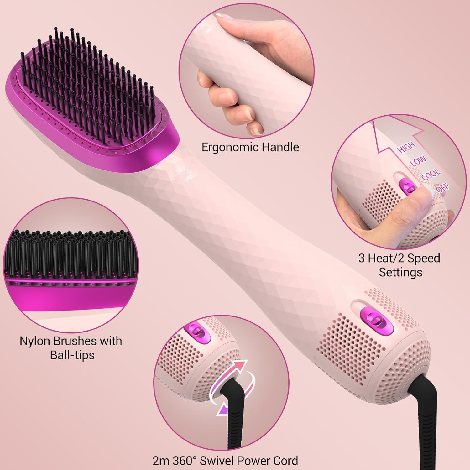 Professional 3-in-1 Hair Dryer Brush - 1200W Ceramic Tourmaline with 3 Heat/2 Speed Settings - One Step Styling Tool (Pink)
