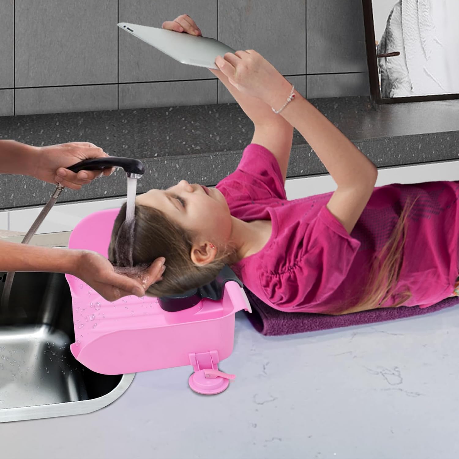 "Portable Pink Shampoo Basin - Tear-Free Hair Washing Solution for Kids, Seniors, and Pregnant Women!"