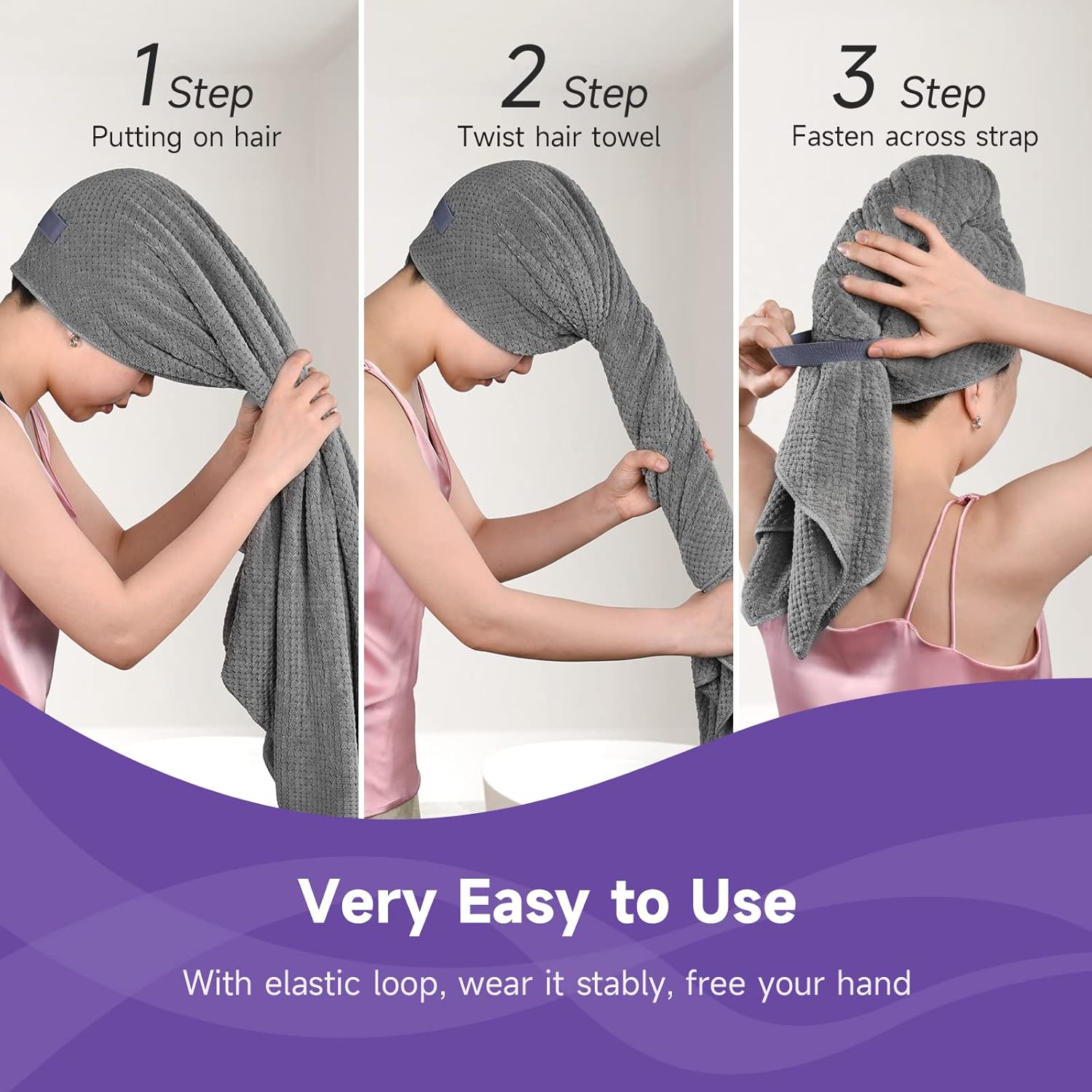 Extra Large Microfiber Hair Towel for Women - Ultra Absorbent, Quick-Dry Hair Wrap for Long, Curly, and Thick Hair with Elastic Band - Grey