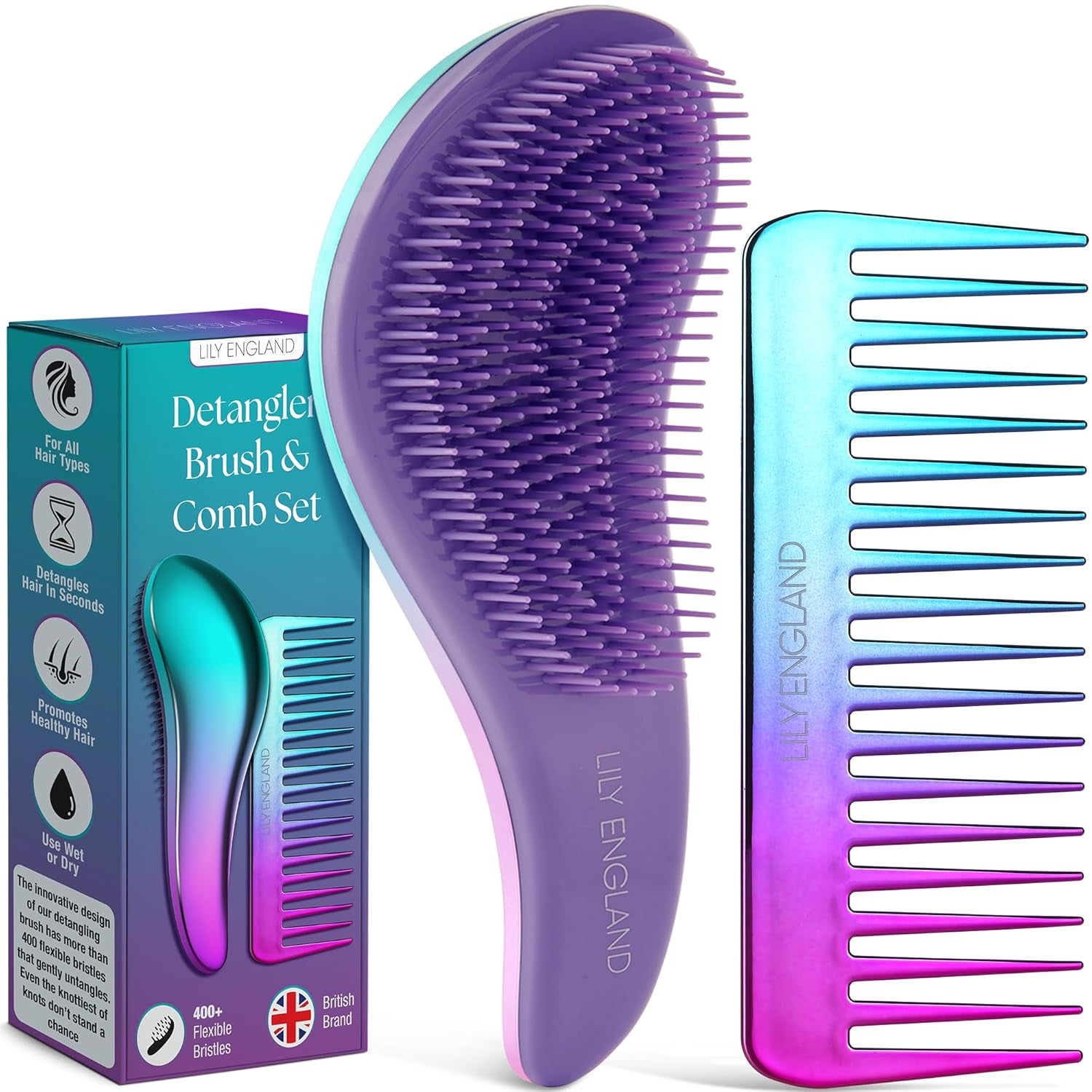 Detangler Brush & Comb Set - Lightweight Wide Tooth Detangling Tool for Women & Kids - Smooths Curly, Straight, Dry, Fine, & Thick Hair, Purple