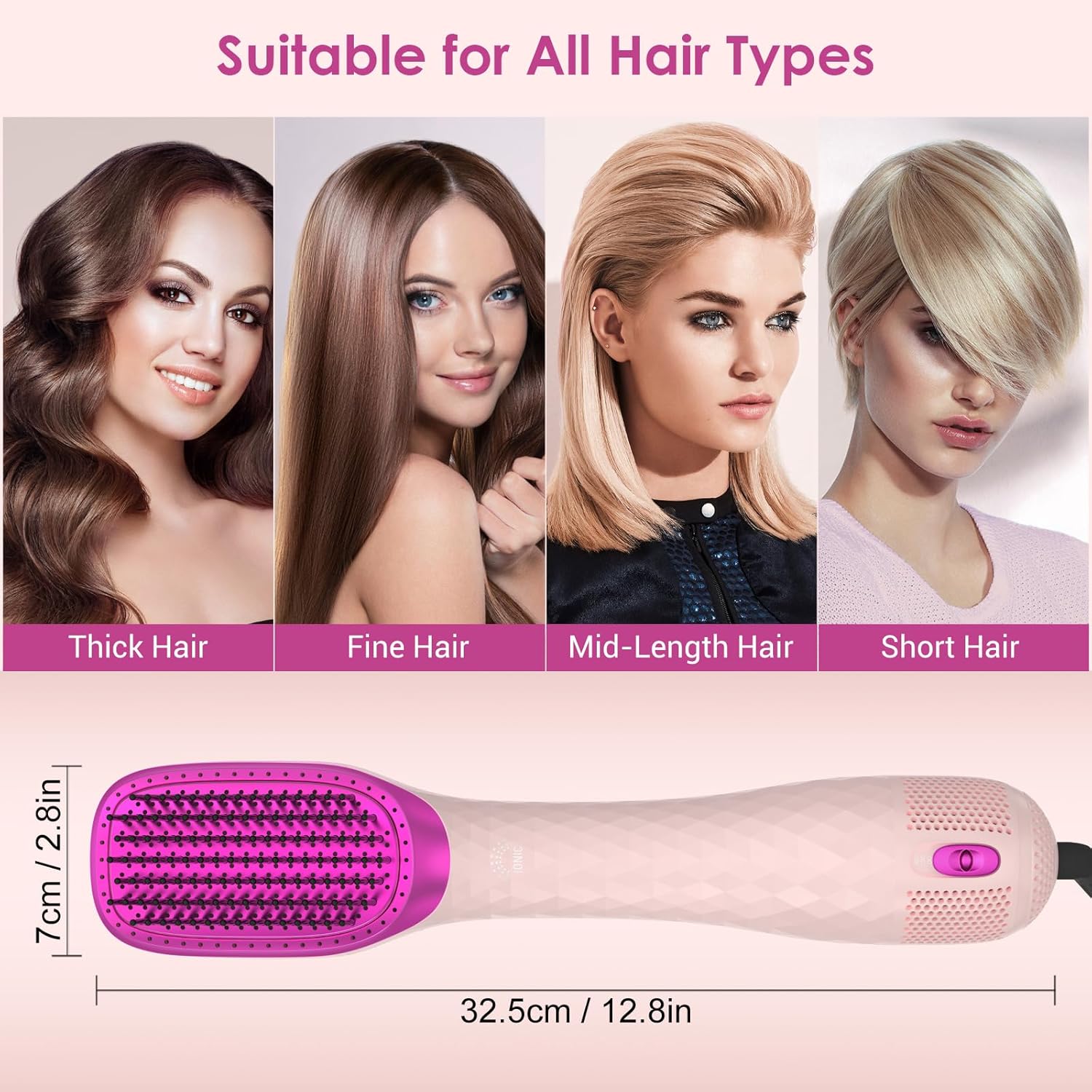Professional 3-in-1 Hair Dryer Brush - 1200W Ceramic Tourmaline with 3 Heat/2 Speed Settings - One Step Styling Tool (Pink)