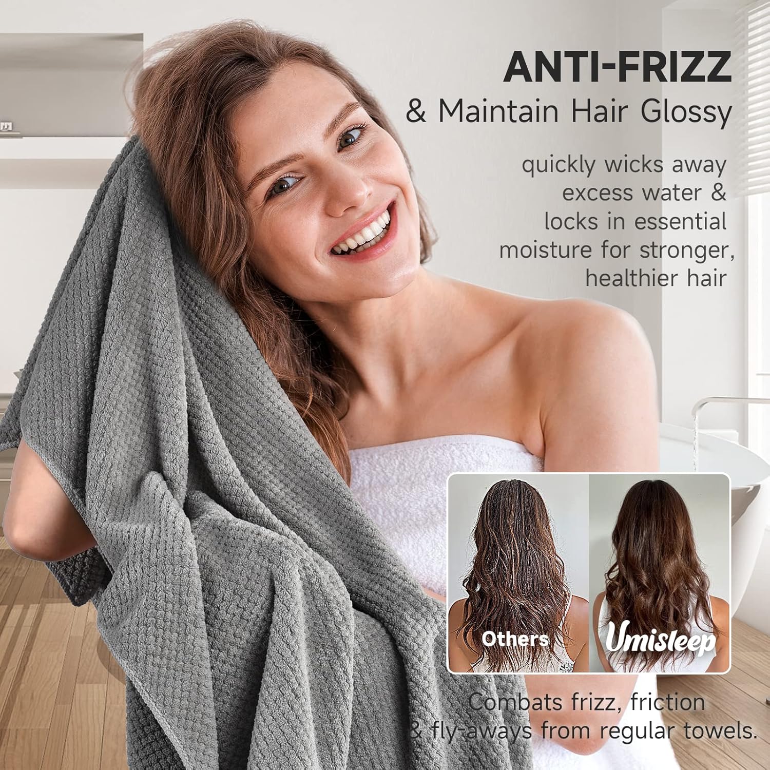 Extra Large Microfiber Hair Towel for Women - Ultra Absorbent, Quick-Dry Hair Wrap for Long, Curly, and Thick Hair with Elastic Band - Grey