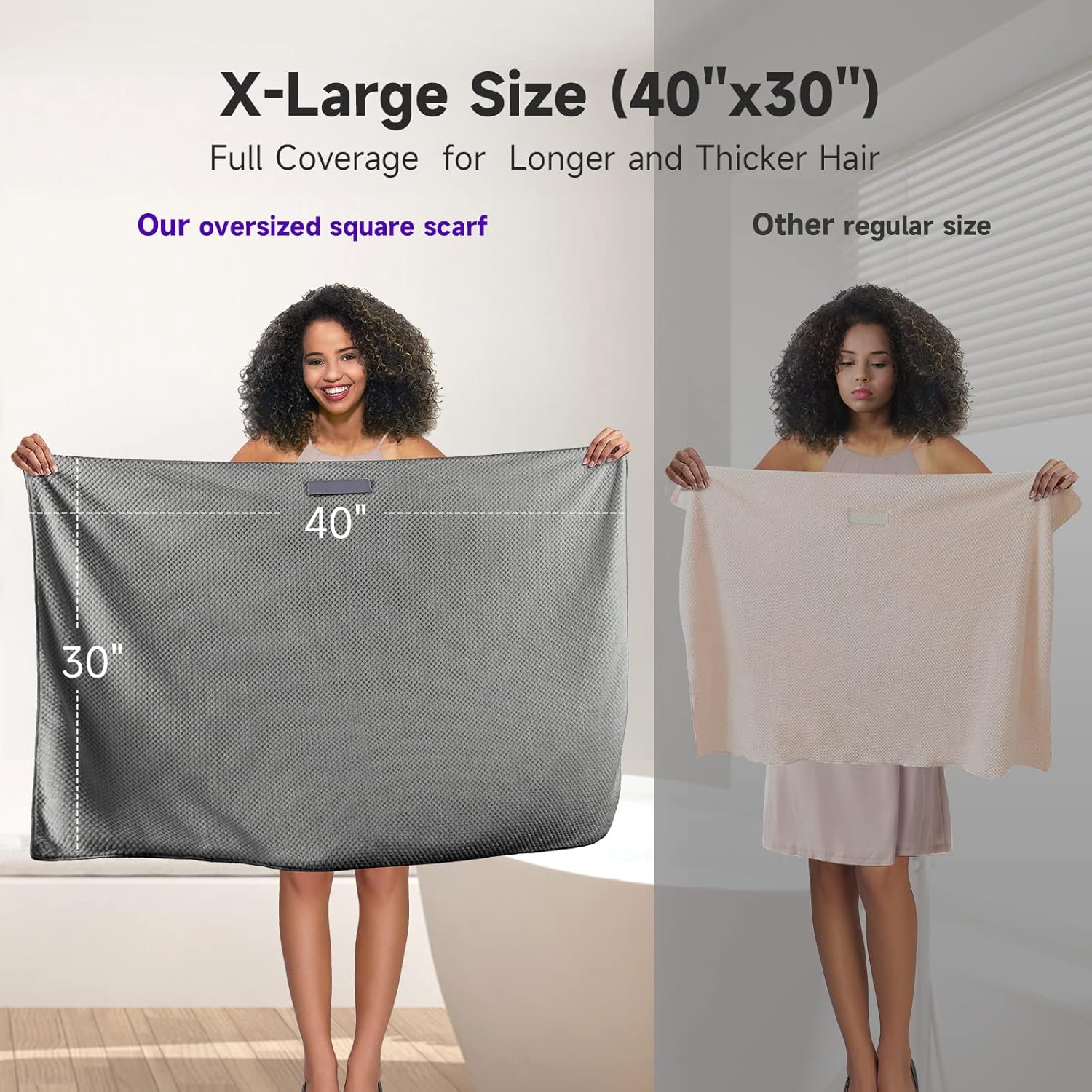 Extra Large Microfiber Hair Towel for Women - Ultra Absorbent, Quick-Dry Hair Wrap for Long, Curly, and Thick Hair with Elastic Band - Grey
