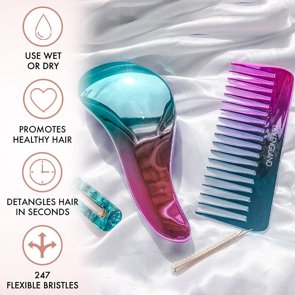 Detangler Brush & Comb Set - Lightweight Wide Tooth Detangling Tool for Women & Kids - Smooths Curly, Straight, Dry, Fine, & Thick Hair, Purple