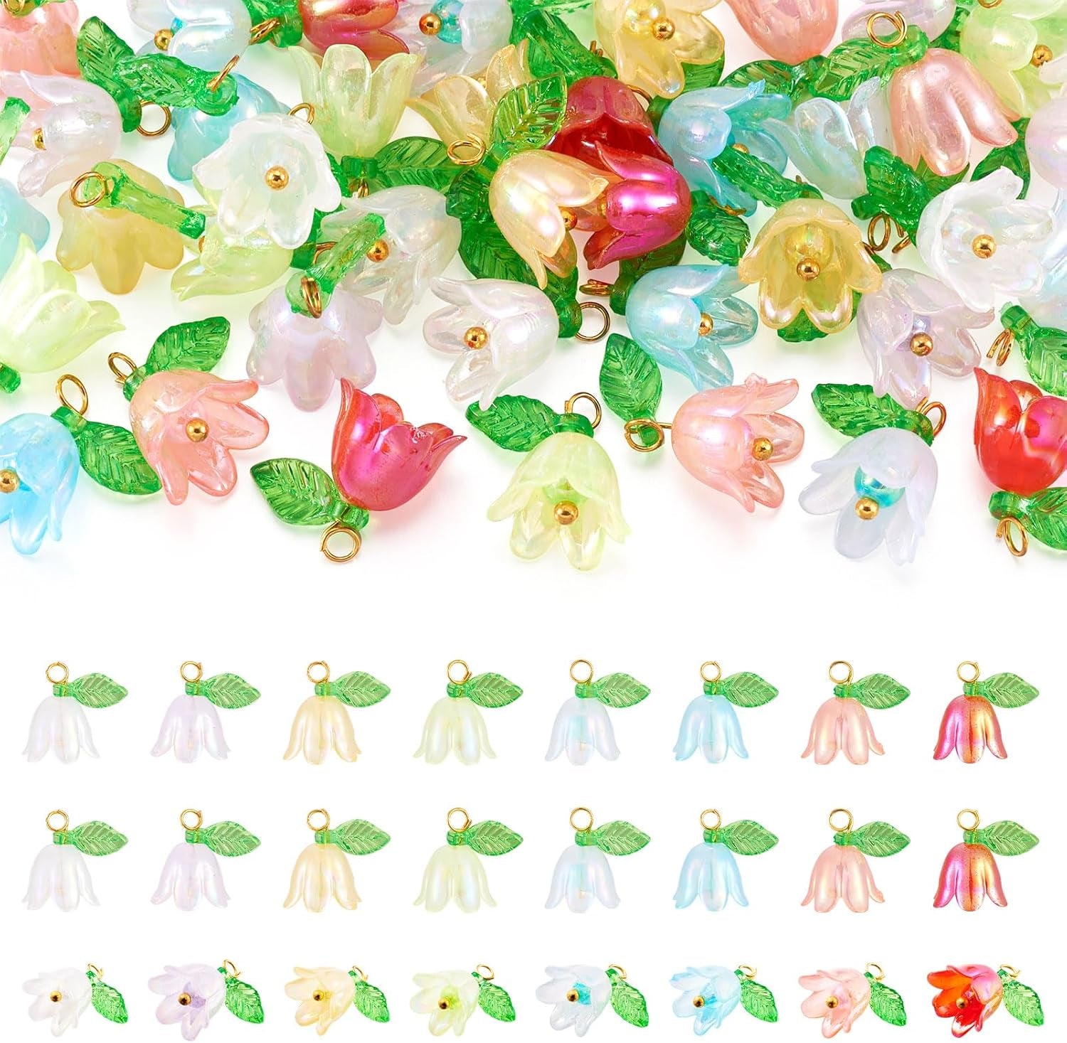 48Pcs Acrylic Flower Pendants for Jewelry Making Lily Flower Charms Colorful Plastic Lily of the Valley Flower Charms Dangle Beads with Leaf for Jewelry Making Necklace Earring DIY Crafts