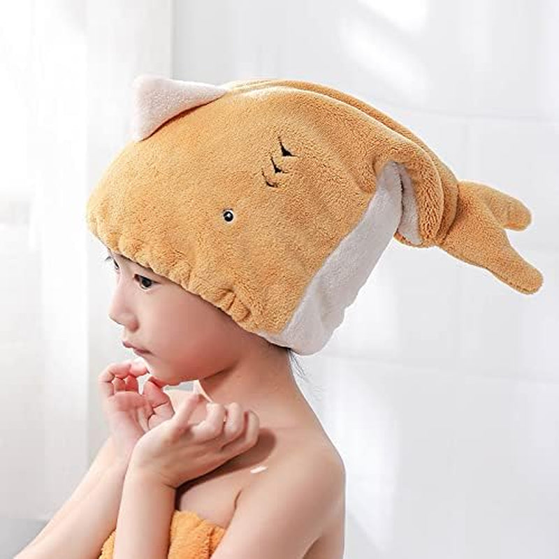 Children's Cartoon Microfiber Hair Drying Towel Set – Quick-Dry Bath Wrap and Soft Cap for Long, Curly Hair – Yellow