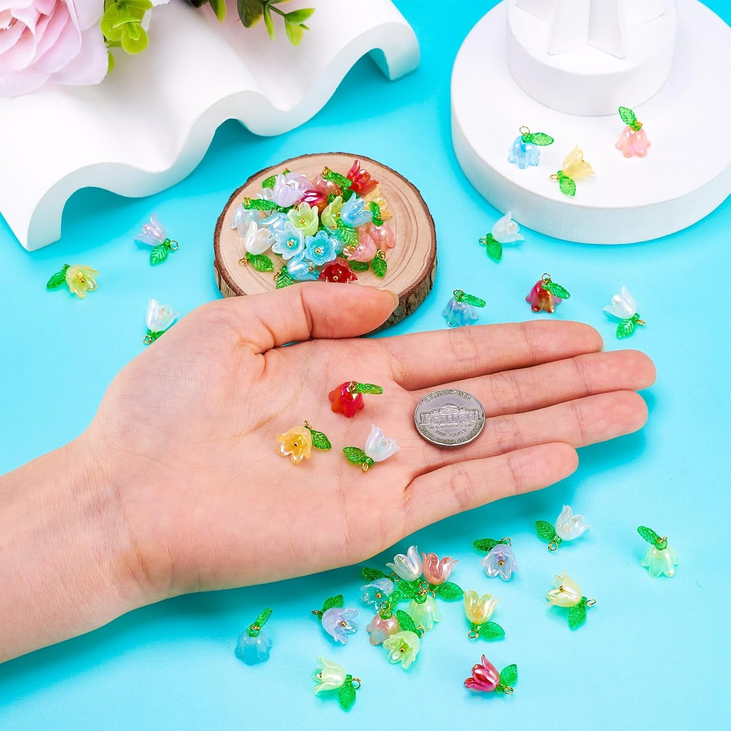 48Pcs Acrylic Flower Pendants for Jewelry Making Lily Flower Charms Colorful Plastic Lily of the Valley Flower Charms Dangle Beads with Leaf for Jewelry Making Necklace Earring DIY Crafts
